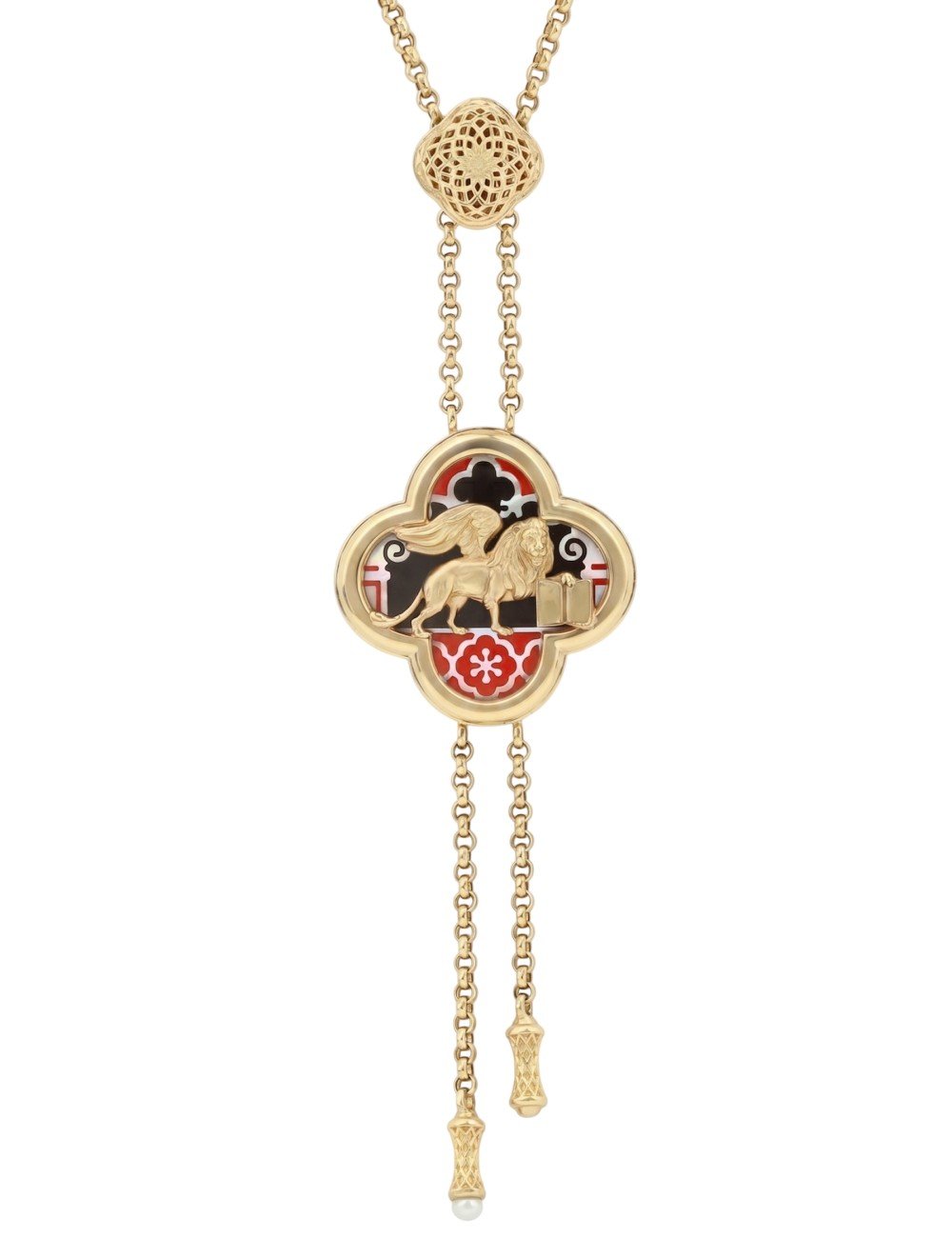 Колье из лимонного золота 585 пробы c эмалью, жемчугом и перламутром